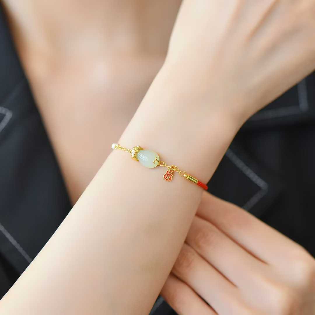 925 Silver Inlaid Hetian Nephrite Water Drop "Pixiu Attracting Blessings" Bracelet