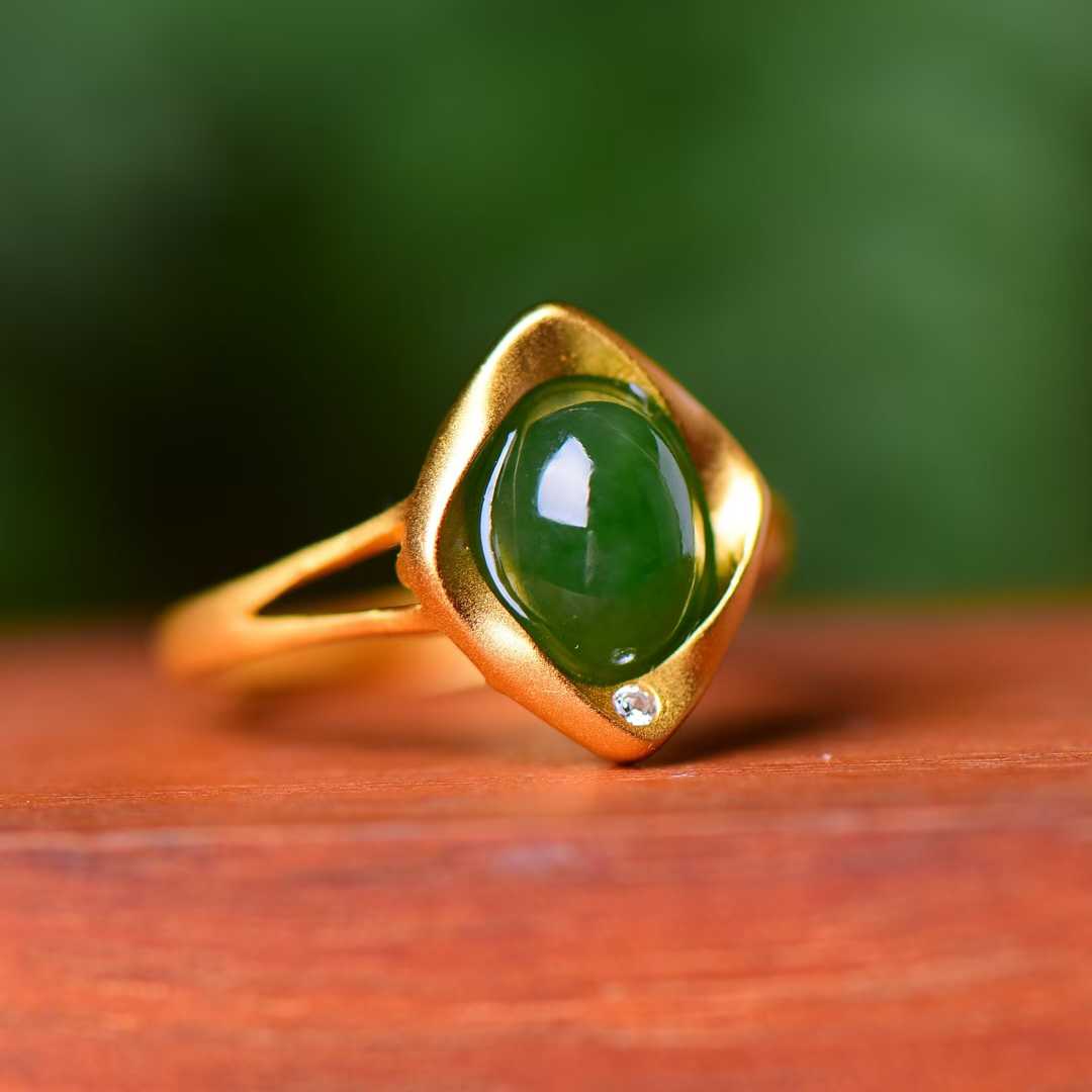 925 Sterling Silver Inlaid Hetian Jade with Thick Brushed Gold Small Ruyi Green Jade Ring