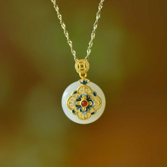 925 Silver Inlaid Hetian Nephrite "Blooming Prosperity & Peace Buckle" Jewelry Set