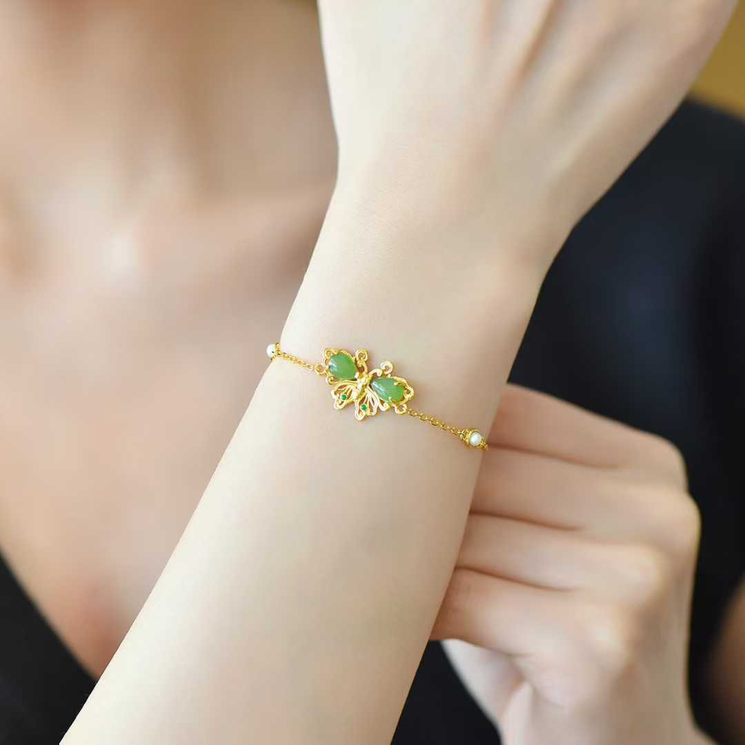 925 Silver Inlaid Hetian Nephrite "Water Drop & Butterfly" Bracelet