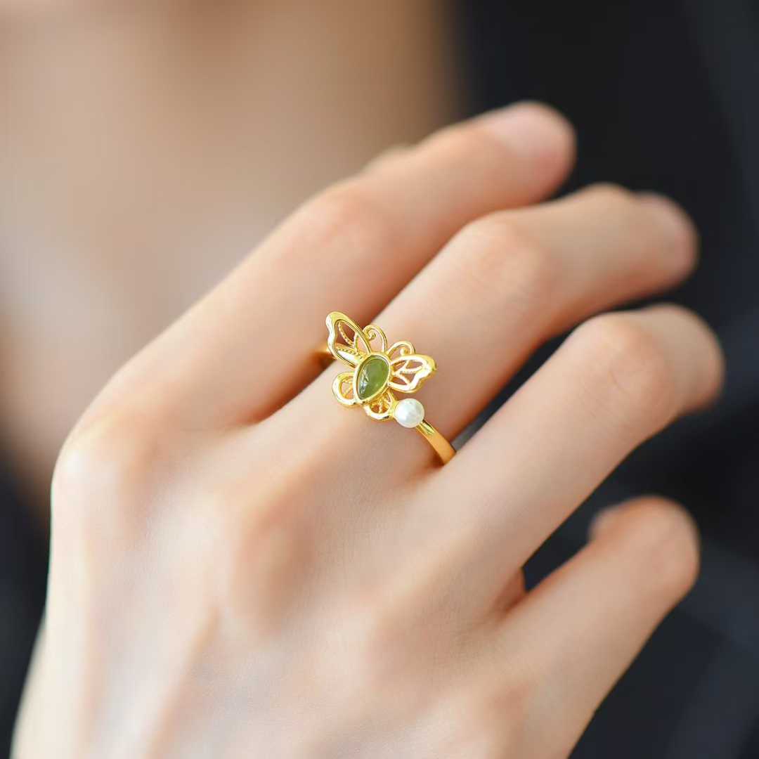 925 Silver Inlaid Hetian Nephrite "Water Drop & Butterfly" Ring