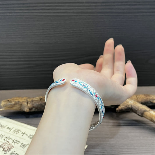 Pulsera de plata de ley con pluma de fénix esmaltada antigua del Sutra del Corazón