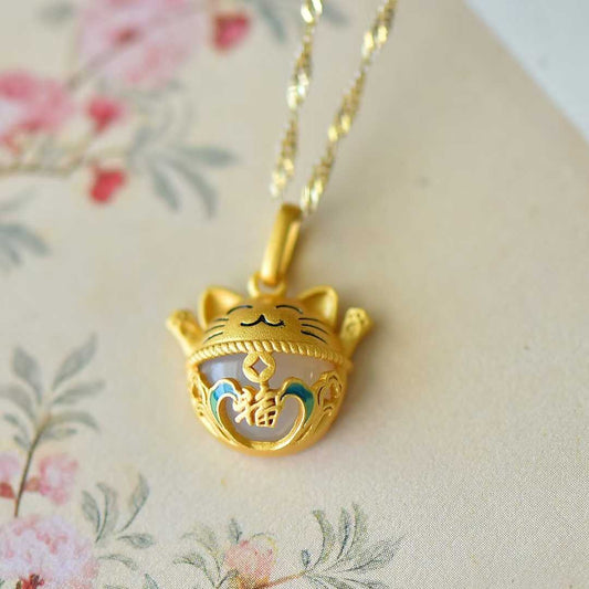 925 Silver Inlaid Nephrite "Lucky Fortune Cat" Pendant