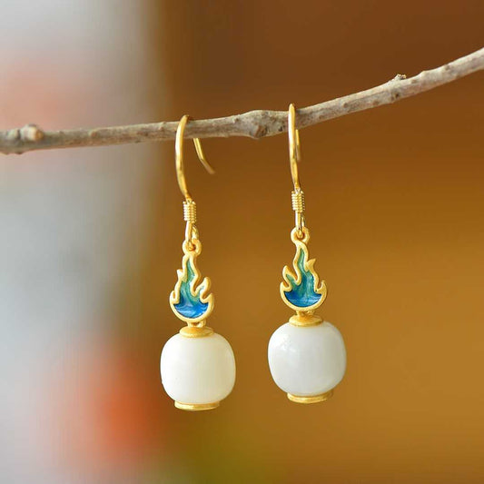 925 Silver Inlaid Hetian Nephrite Fine Material Barrel Bead "Everlasting Vitality" Enamel Earrings