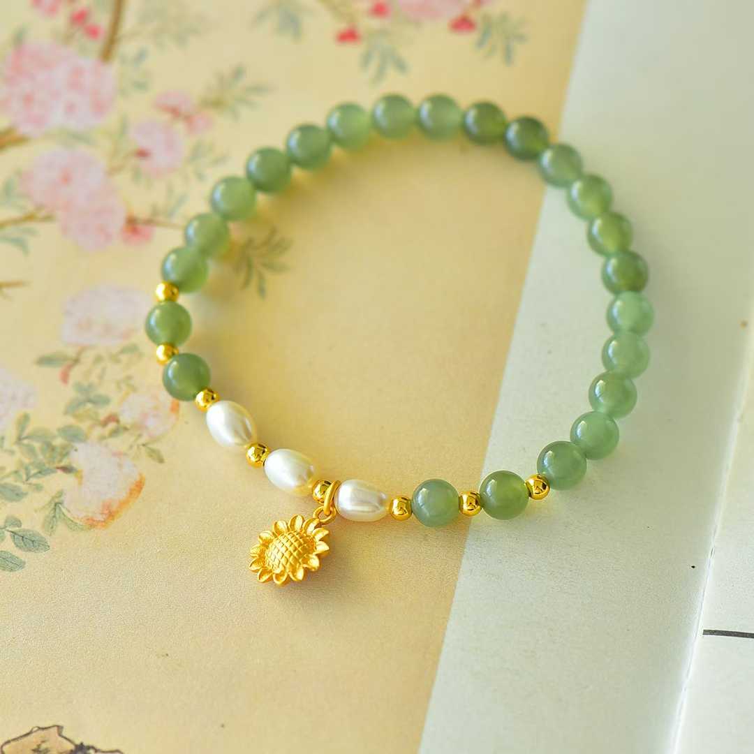 Hetian Nephrite (Sunny Water Material) Fortune-Turning Bead & Sunflower Bracelet