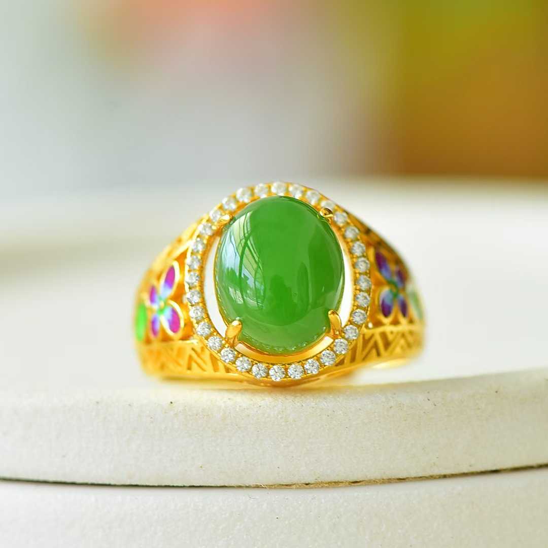 925 Silver Inlaid Blue Enamel, Hetian Spinach Green Nephrite Cabochon & Zircon Ring