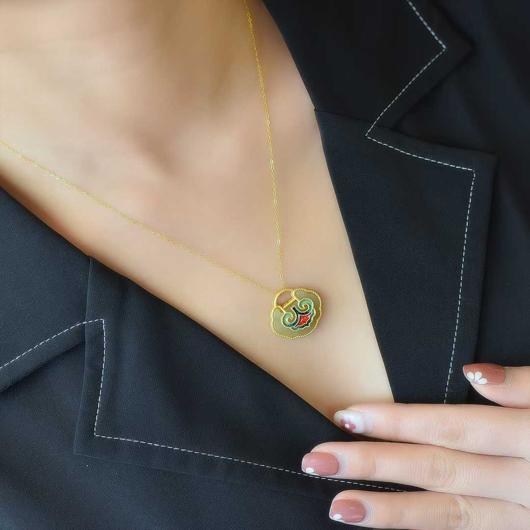 S925 Silver Inlaid Nephrite Enamel Ruyi Lock Pendant