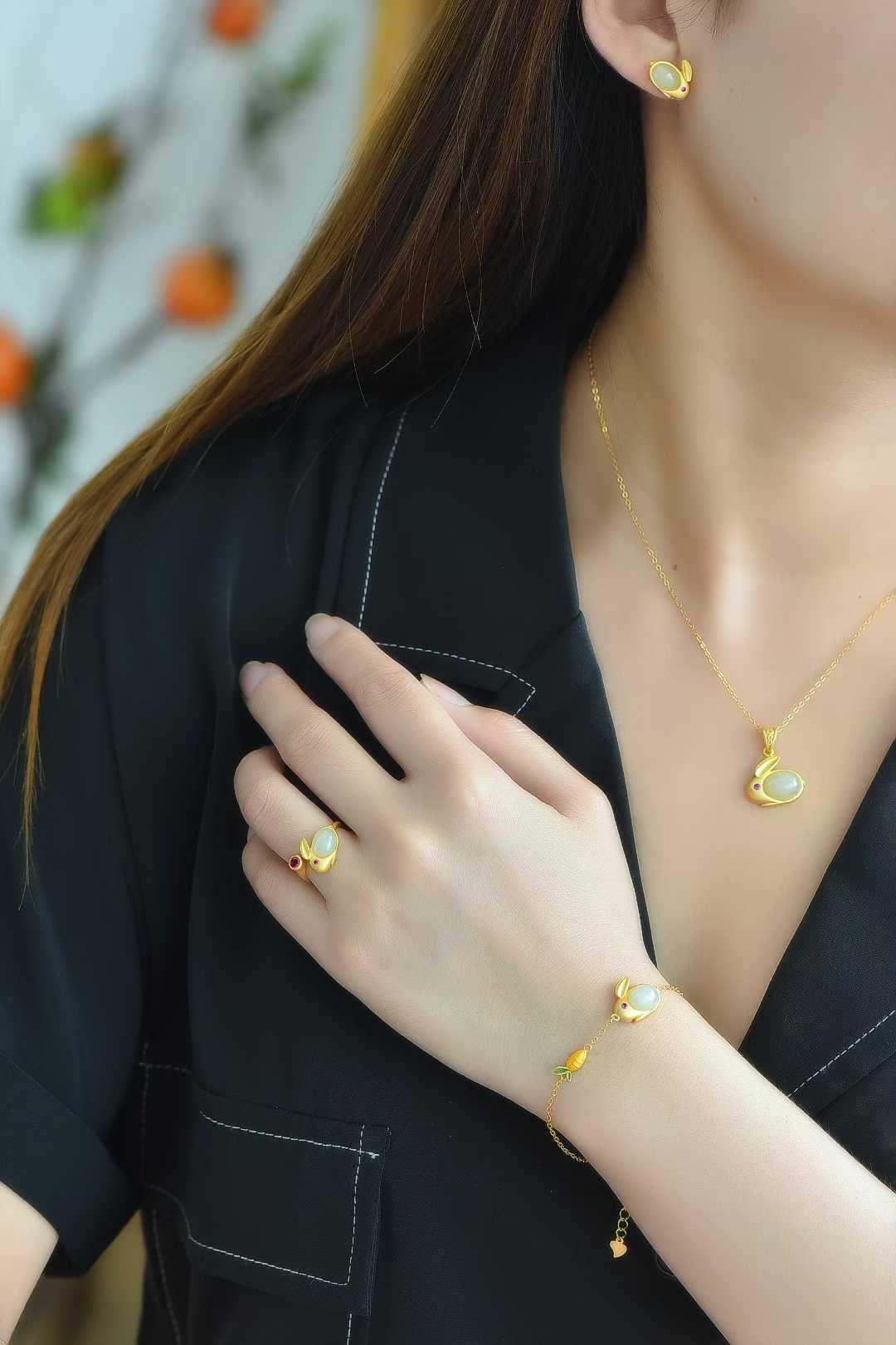 Ancient-Style Silver & Hetian Nephrite Little Rabbit Set with Thick Matte Gold Finish