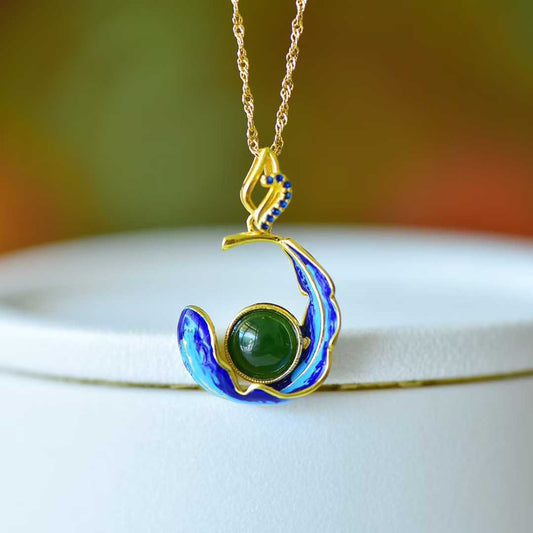 925 Silver Inlaid Hetian Jasper "Phoenix Tail" Pendant