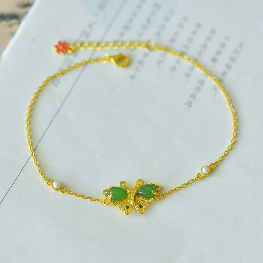 925 Silver Inlaid Hetian Nephrite "Water Drop & Butterfly" Bracelet
