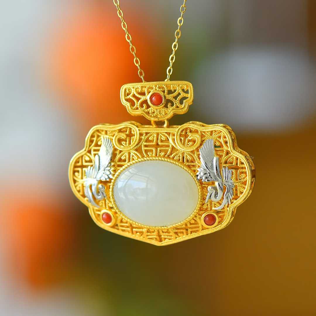 925 Silver Inlaid Nephrite "Deer & Crane for Auspiciousness" Two-Tone Pendant