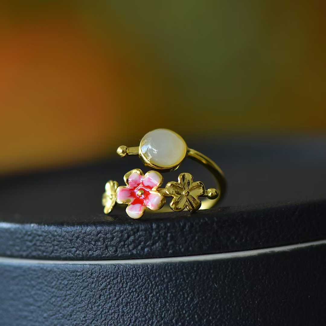 S925 Silver Inlaid Hetian Nephrite "Blossoming Peach Flowers" Minimalist Elegance Jewelry Set