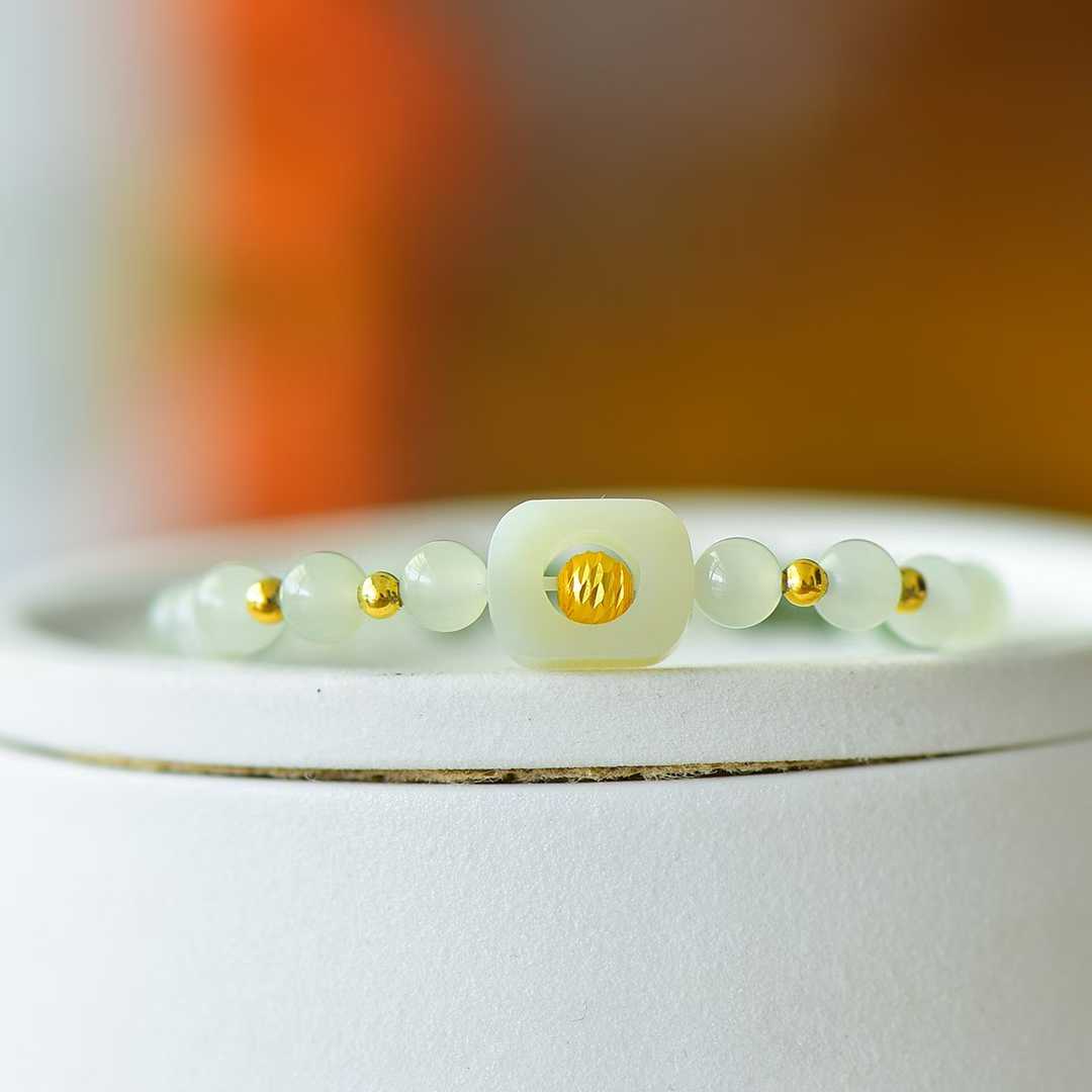 Hetian Nephrite (Sunny Water Material) 6mm Beads & Hollow Lucky Charm Multi-Gem Bracelet