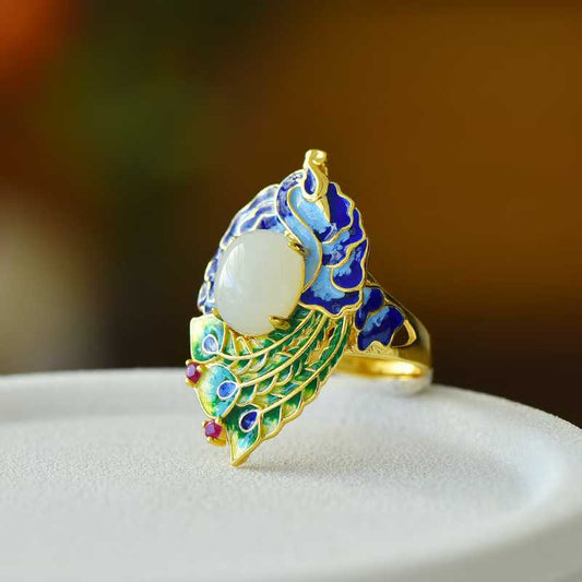 925 Silver Inlaid Hetian Nephrite Phoenix Ring
