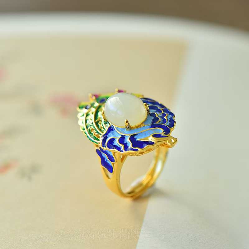 925 Silver Inlaid Hetian Nephrite Phoenix Ring