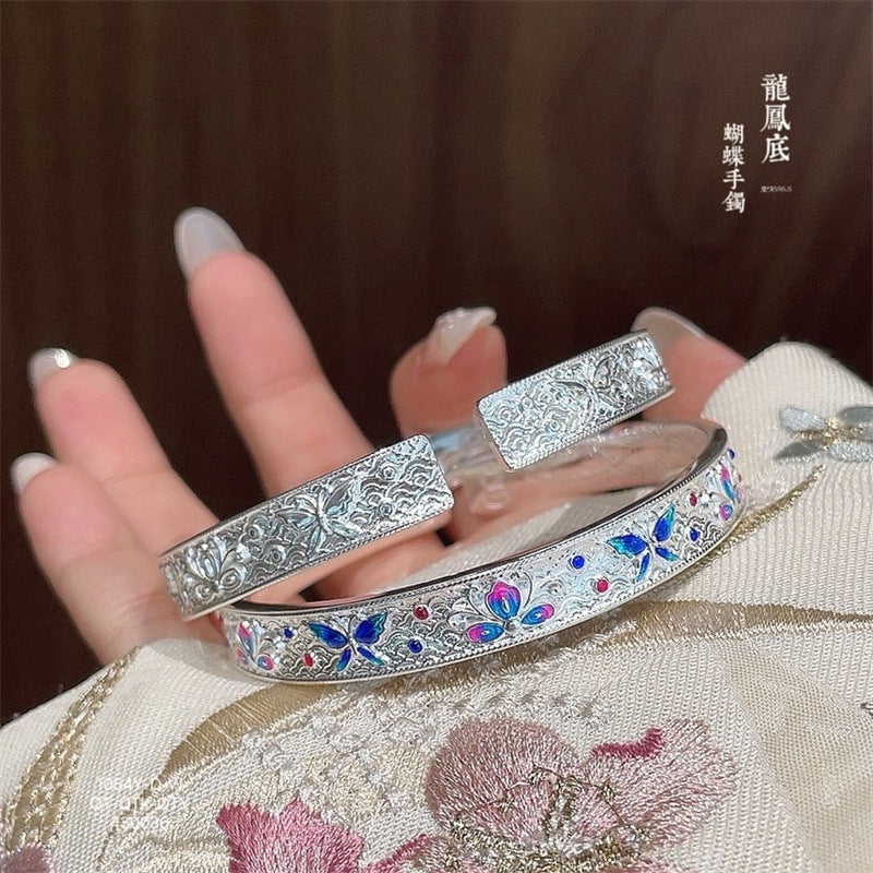 Pulsera de plata de ley esmaltada con mariposa, flor, dragón y fénix