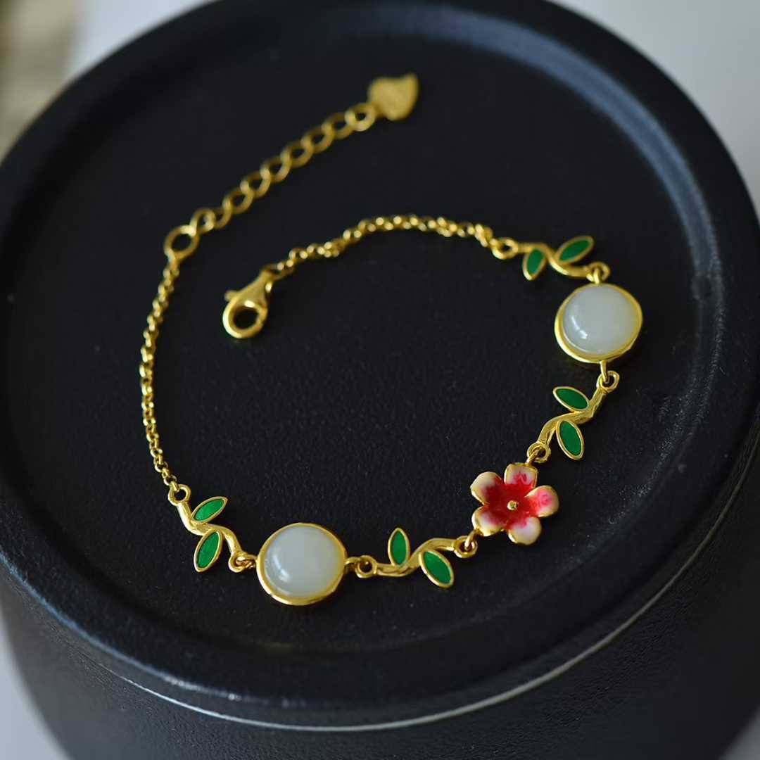 S925 Silver Inlaid Hetian Nephrite "Blossoming Peach Flowers" Minimalist Elegance Jewelry Set