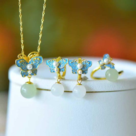 S925 Silver Inlaid Hetian Nephrite "Fluttering Butterflies" Jewelry Set