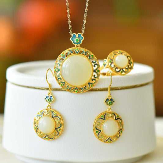 925 Silver Inlaid Hetian Nephrite "Endless Blessings" Jewelry Set