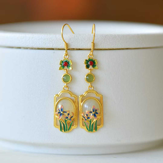 925 Silver Inlaid Hetian Nephrite "Orchid & Ruyi" Earrings