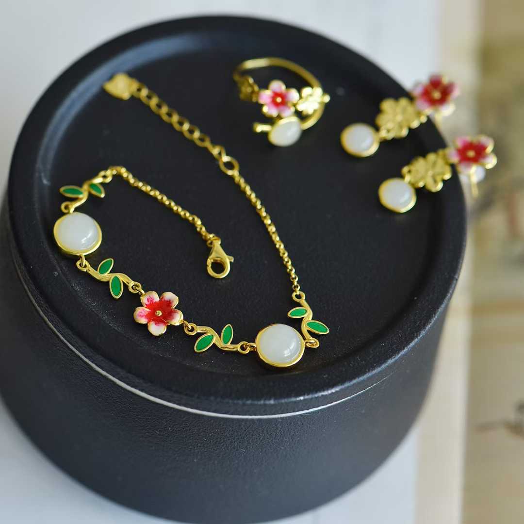 S925 Silver Inlaid Hetian Nephrite "Blossoming Peach Flowers" Minimalist Elegance Jewelry Set