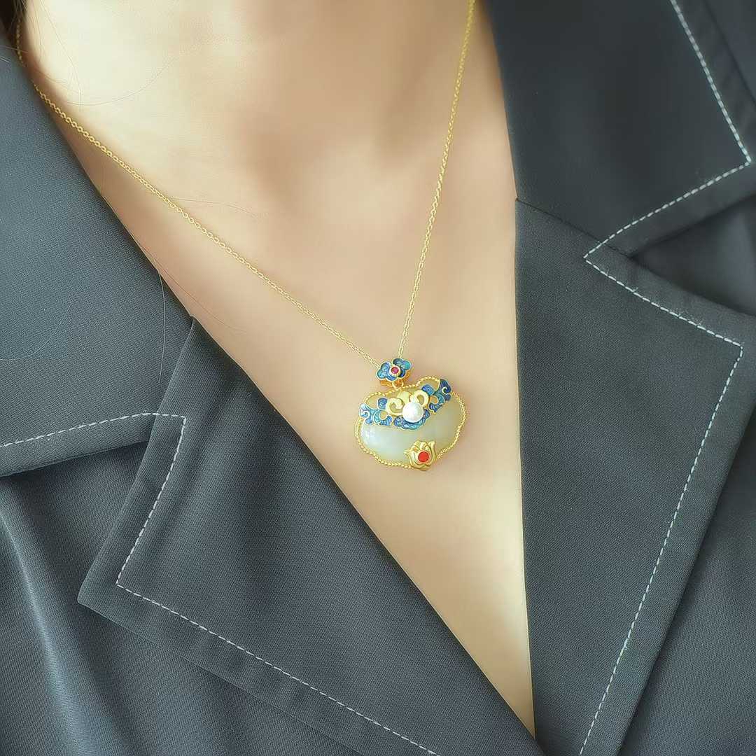 925 Silver Inlaid Hetian Nephrite "Ruyi & Hundred Blessings" Pendant