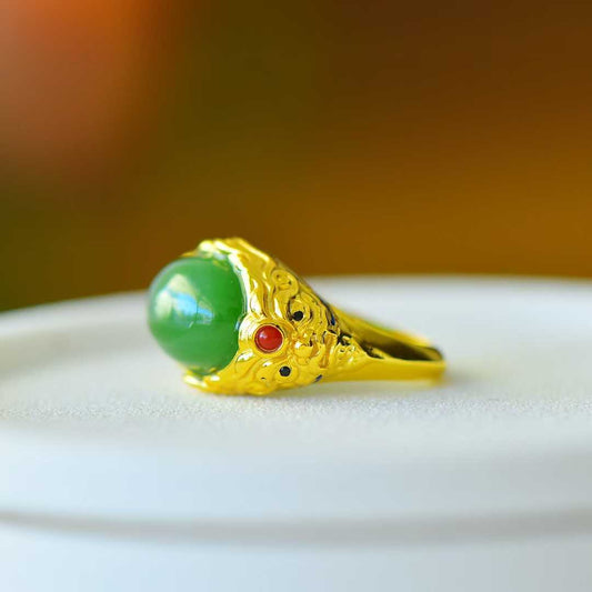 925 Silver Inlaid Enamel and Hetian Green Nephrite "Peace and Longevity" Ring