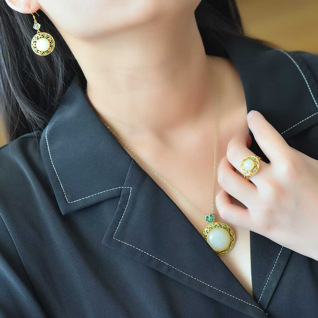 925 Silver Inlaid Hetian Nephrite "Endless Blessings" Jewelry Set