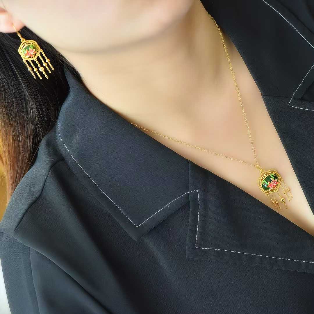 925 Silver Inlaid Hetian Green Nephrite "Orchid Heart & Iris Quality" Jewelry Set