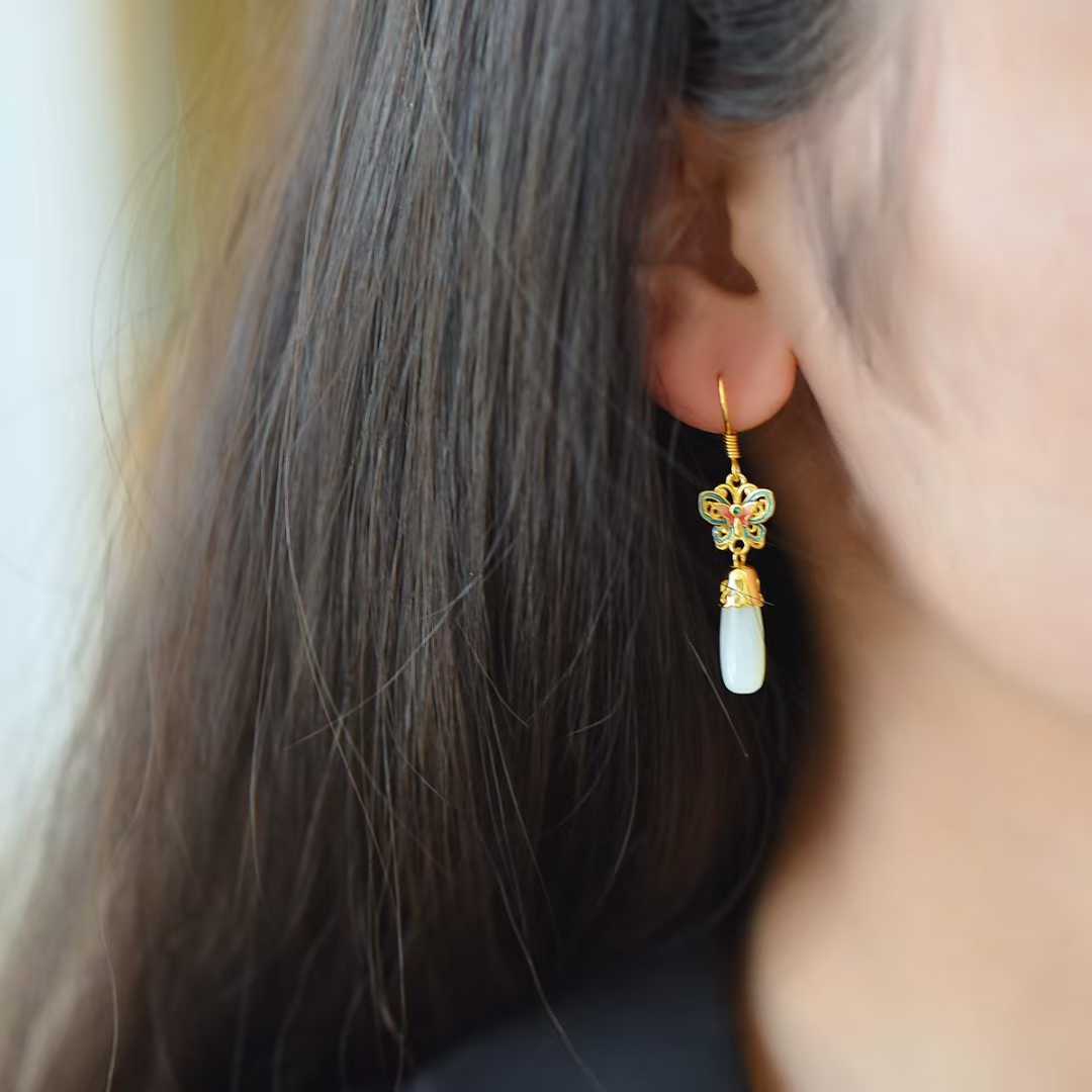 925 Silver Inlaid Hetian Nephrite Long Drop Butterfly Earrings
