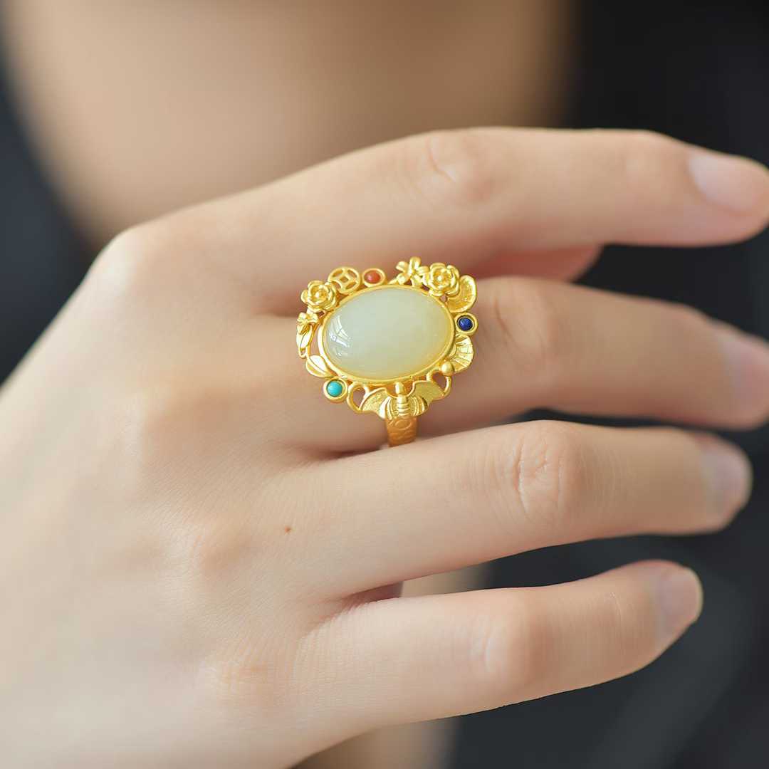 S925 Silver Inlaid Hetian Nephrite "Happiness Before One's Eyes" Ring