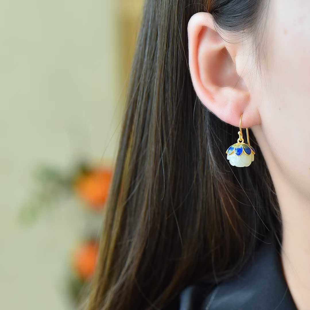 925 Silver Inlaid Hetian Nephrite "Lotus Bead" Earrings