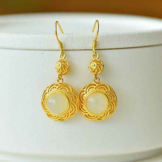 925 Silver Inlaid Nephrite "Flowers Bloom in Prosperity" Earrings