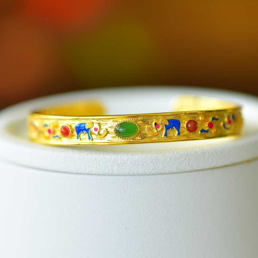 925 Silver Inlaid Hetian Jadeite (Jasper) "Auspicious Elephant & Ruyi" Bracelet