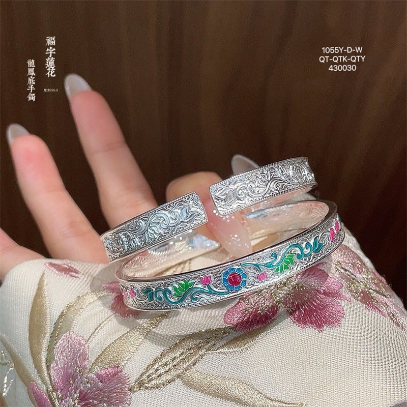 Pulsera de plata de ley esmaltada con mariposa, flor, dragón y fénix