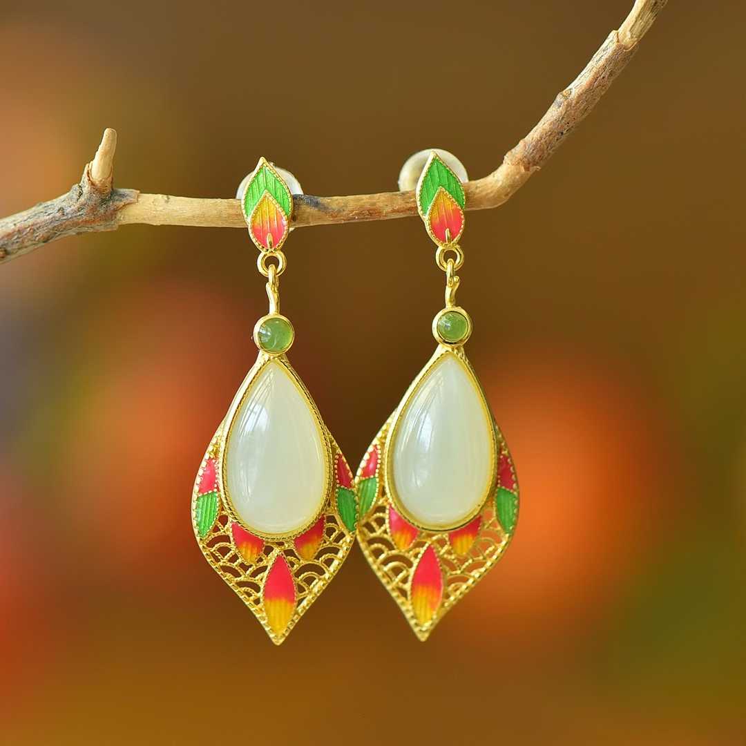 925 Silver Inlaid Nephrite "Graceful Lady by Autumn Waters" Teardrop Stud Earrings