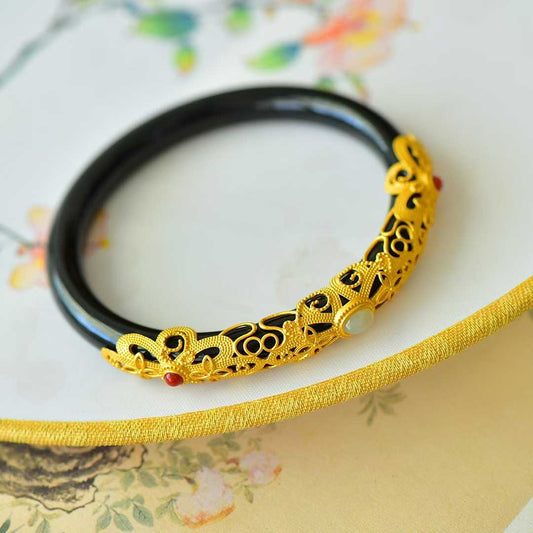 925 Silver Inlaid Hetian Nephrite "Hollowed-Out Cabochon" Bracelet