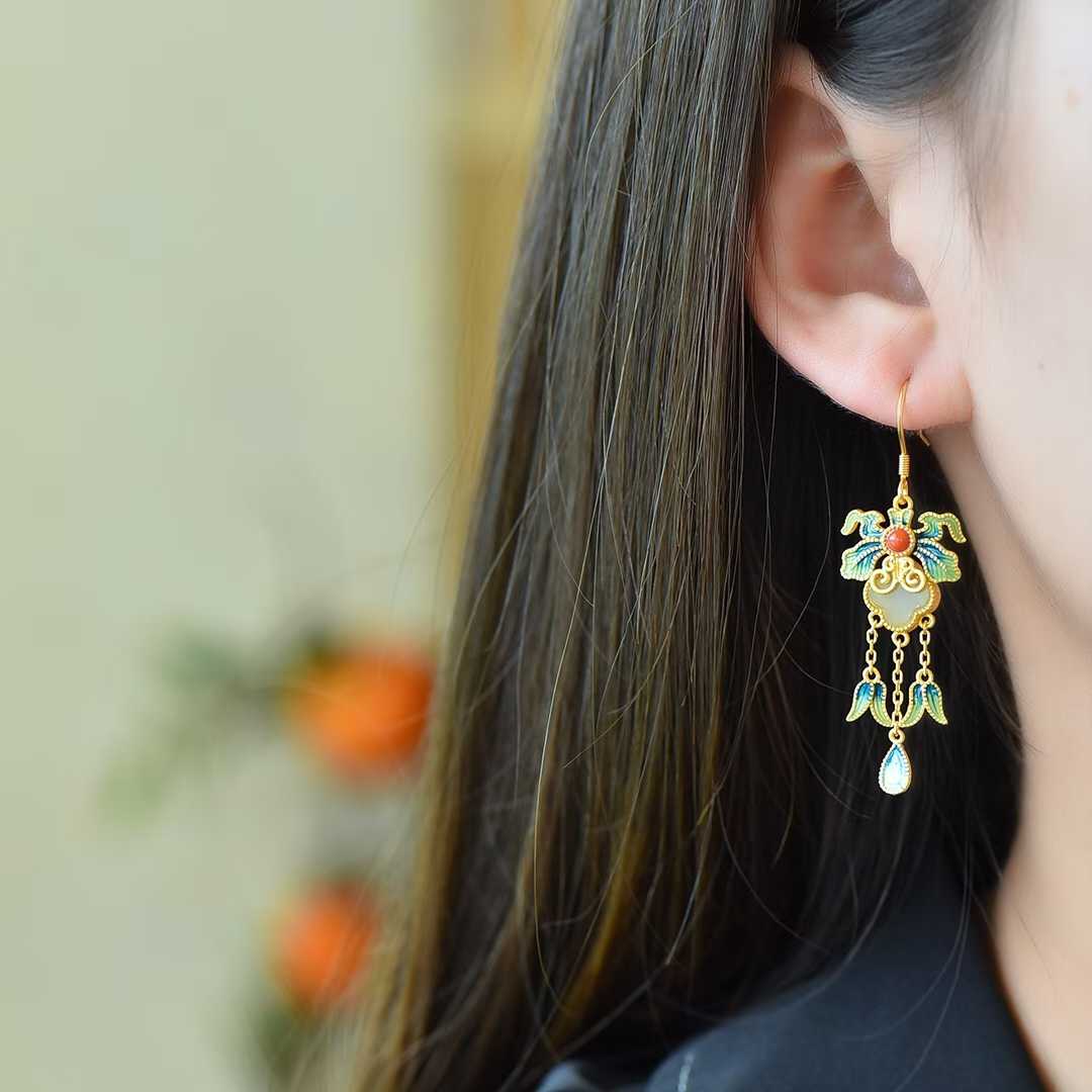 925 Silver Inlaid Green Hetian Nephrite "Maple Tree Shade" Enamel Dangle Earrings