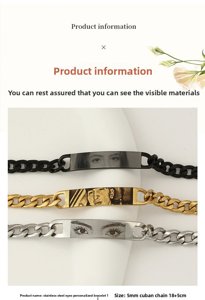 Pulsera personalizada con texto e imagen grabados y ojos.