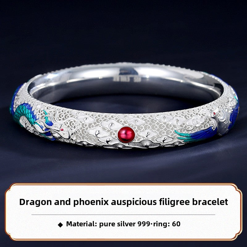 Chinese style enamel dragon and phoenix auspicious hollow filigree closed bracelet