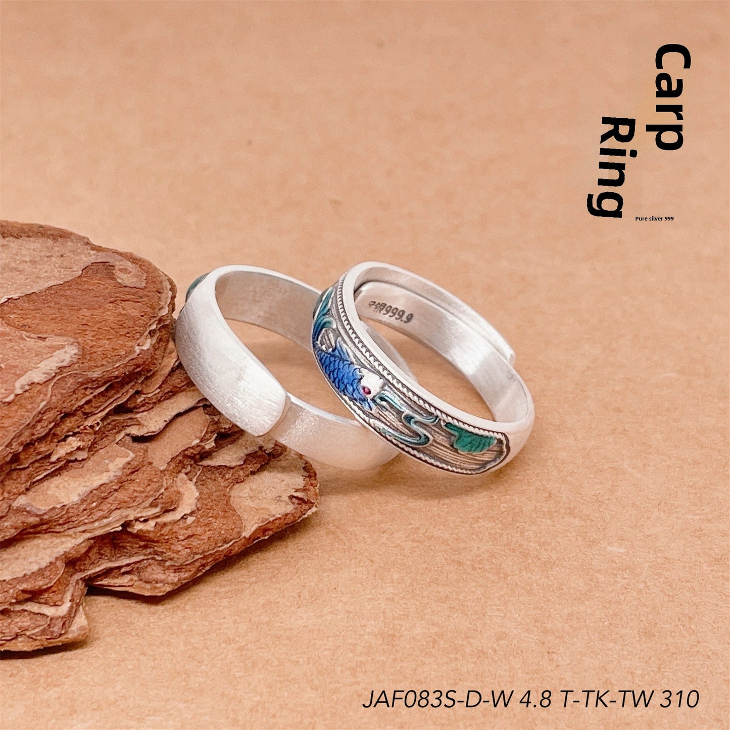 Anillo de plata de ley con hoja de bambú esmaltada y flor de melocotón