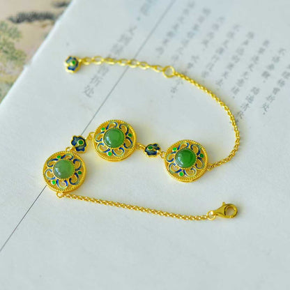 925 Silver Inlaid Hetian Nephrite Round Cabochon Ruyi Bracelet