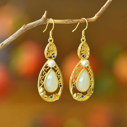 925 Silver Inlaid Nephrite "Lotus of Good Fortune" Teardrop Earrings