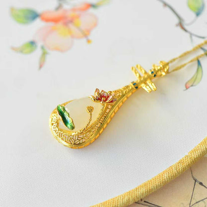 925 Silver-Inlaid Hetian Jade Pendant with "Water Adornments & Wind Garments" Theme & Pipa (Chinese Lute) Design