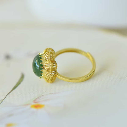 925 Silver Inlaid Hetian Nephrite Cabochon Hollow-Out Ring