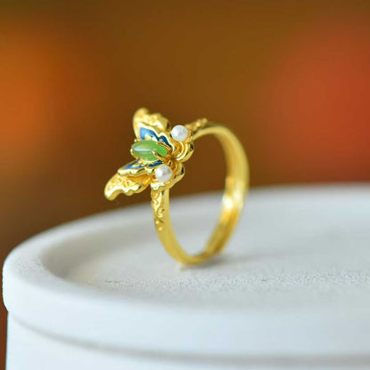 925 Silver Inlaid Hetian Nephrite Butterfly Ring