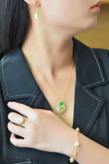 S925 Silver Inlaid Hetian Nephrite "Lotus Steps" Jewelry Set