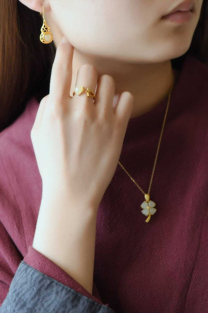 925 Silver Inlaid Nephrite Heart-Shaped Thick Matte Gold Set