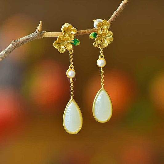 925 Silver Inlaid Nephrite "Blossoming Peach Flowers" Stud Earrings