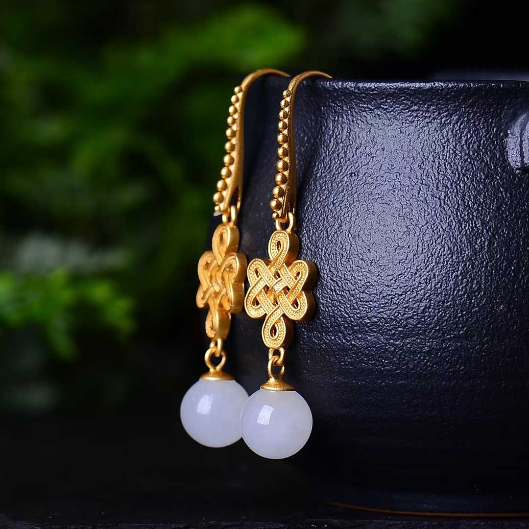 925 Silver Inlaid Nephrite Thick Matte Gold Earrings